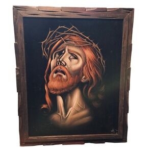 Vintage Jesus Christ Black Velvet Painting Crown of Thorns Carved Wood Frame